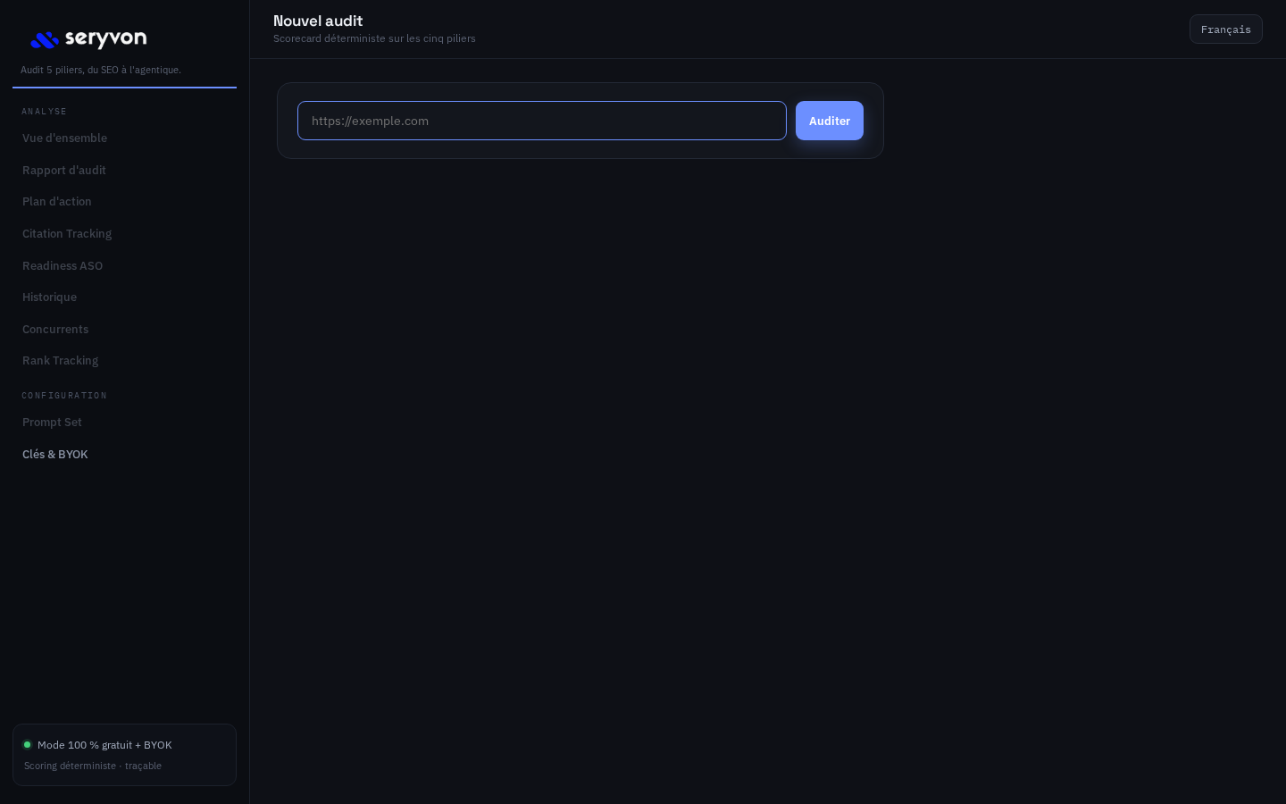 Interface web Docker Seryvon en français montrant le formulaire de nouvel audit et la navigation des cinq piliers